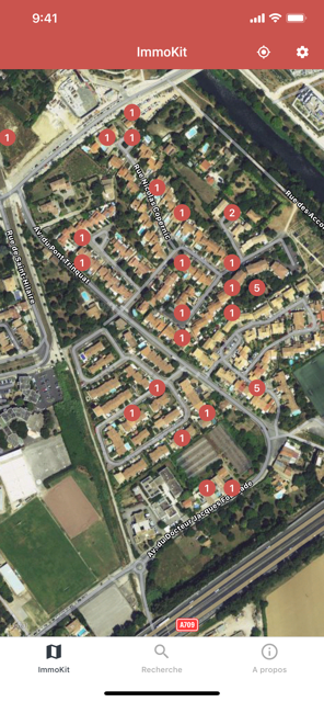 Capture d'écran d'ImmoKit — transactions immobilières sur carte interactive